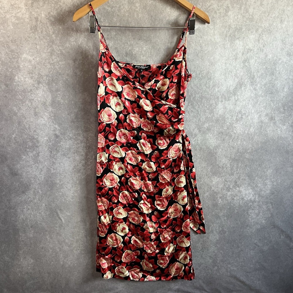 Rare Betsey Johnson Silk Slip Dress Women 4 Red Black Floral Rose Wrap Vintage